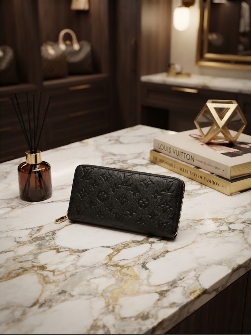 Black Embossed Zip-Around Wallet